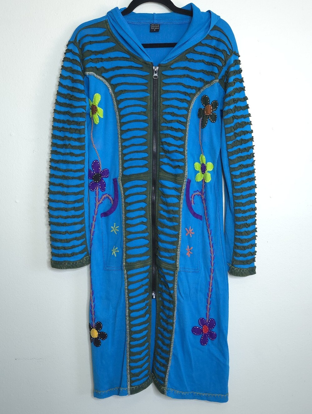 Nepal Cotton Floral Fairy Razor Cut Longline Zip Hooded Cardigan Coat Oversized